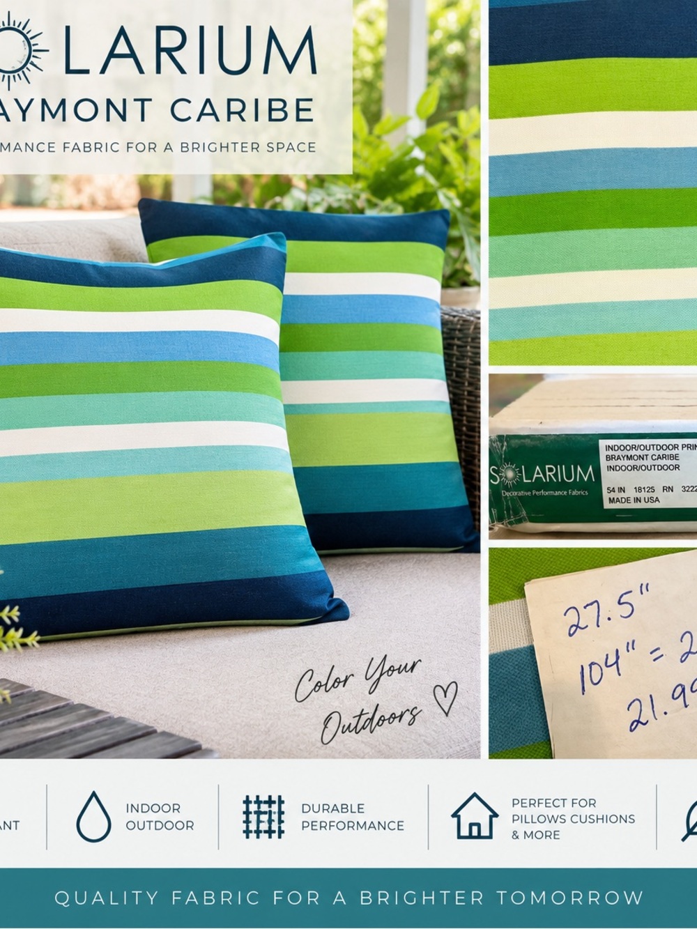 Braymont Caribe Green & Blue Striped Outdoor Solarium Fabric 2.89 Yards